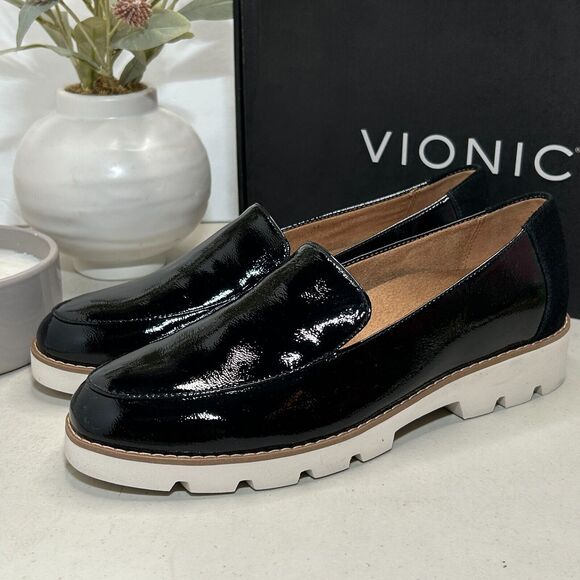 Vionic Kensley Patent Leather Slip On Loafers Black White Sole Women's 9 NWB - Picture 4 of 8